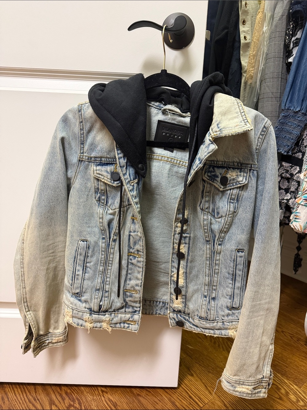 Blank NYC Light Blue Denim Jacket with Black Hood Insert
